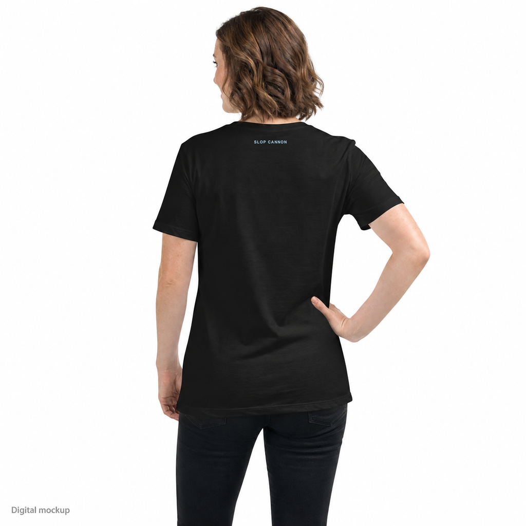 My Own Propane — Black — back model view showing outside-neckline print; tee only; Bella + Canvas 6400 Black; digital model and artwork composite illustrating placement; not a manufactured sample photograph.