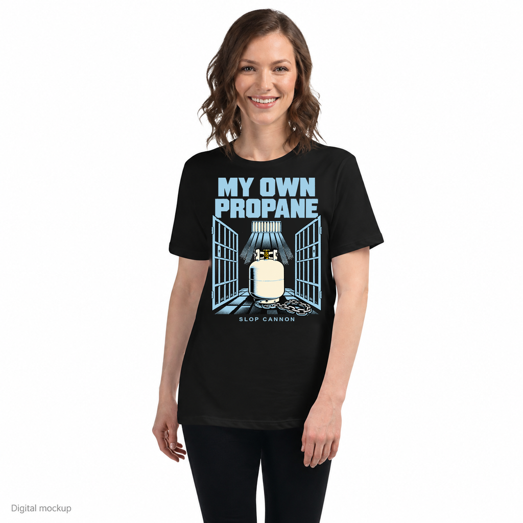 My Own Propane — Black — front model view; tee only; Bella + Canvas 6400 Black; digital model and artwork composite illustrating placement; not a manufactured sample photograph.