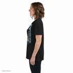 My Own Propane — Black — side model view with plain sleeve; tee only; Bella + Canvas 6400 Black; digital model and artwork composite illustrating placement; not a manufactured sample photograph.