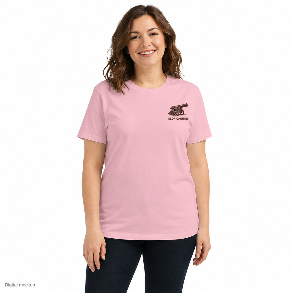 Do Not Aim At Ex — Pink — front model view; tee only; Bella + Canvas 6400 Pink; digital model and artwork composite illustrating placement; not a manufactured sample photograph.