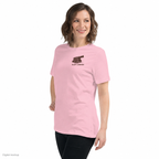 Do Not Aim At Ex — Pink — three-quarter model view with plain sleeve; tee only; Bella + Canvas 6400 Pink; digital model and artwork composite illustrating placement; not a manufactured sample photograph.