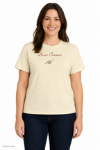 Slop Cannon Loose Cannon Women's Tee — Buttermilk — front model view with exact configured front artwork; digital composite checked against supplier garment and print reference. Tee only; other clothing is styling and is not included.