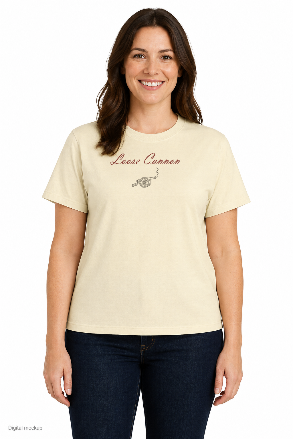 Slop Cannon Loose Cannon Women's Tee — Buttermilk — front model view with exact configured front artwork; digital composite checked against supplier garment and print reference. Tee only; other clothing is styling and is not included.