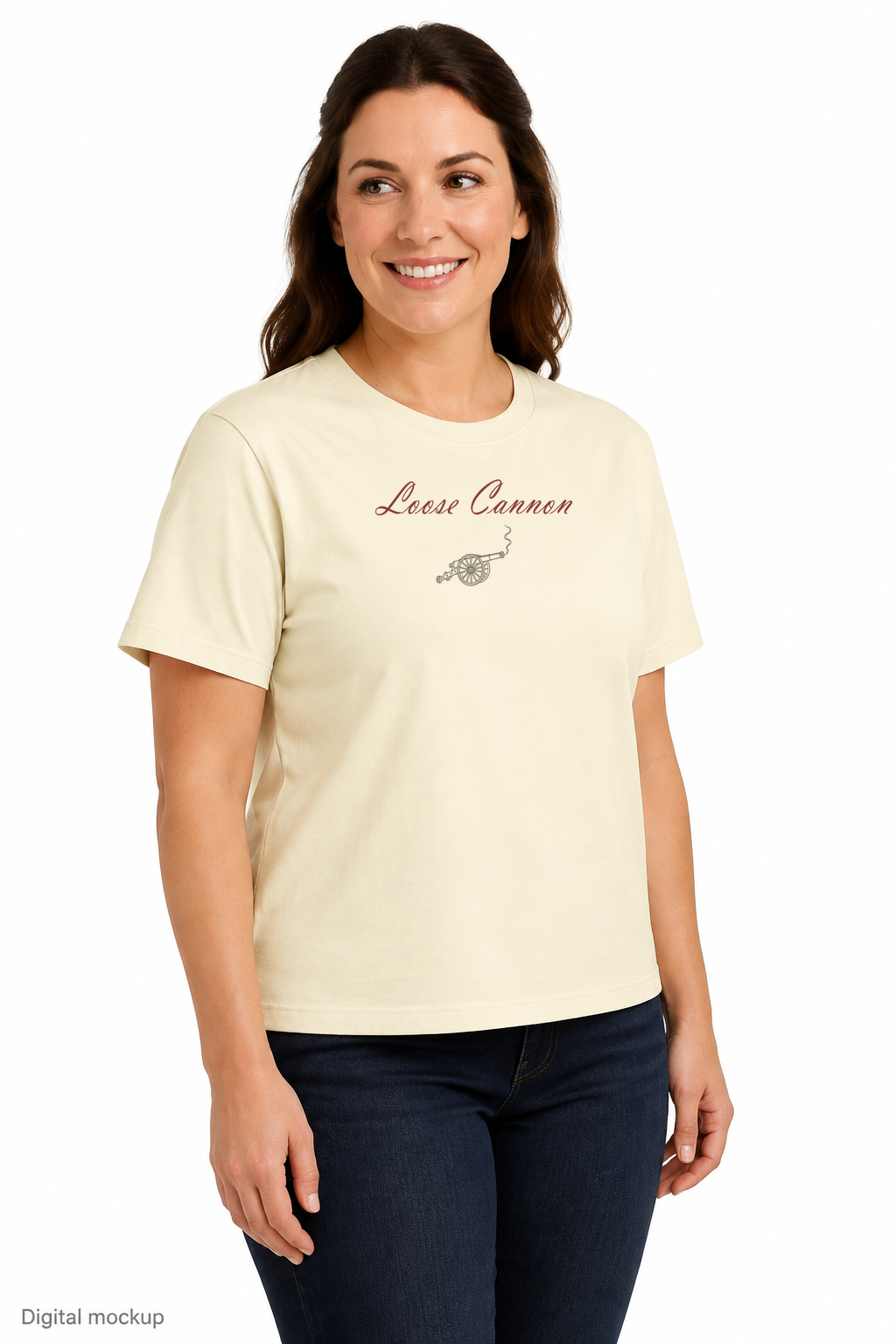 Slop Cannon Loose Cannon Women's Tee — Buttermilk — three-quarter model view with exact configured front artwork; digital composite checked against supplier garment and print reference. Tee only; other clothing is styling and is not included.
