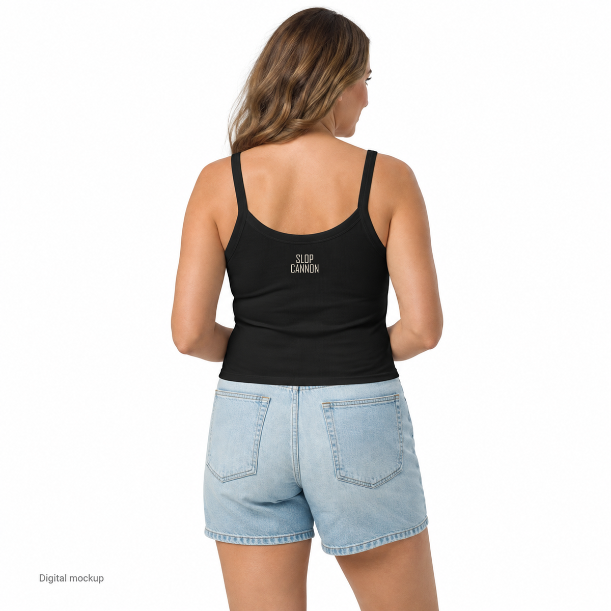 Smokeshow Women's Tank — Solid Black Blend — rear model view with small configured outside-neck wordmark; digital composite checked against the supplier preview. Tank only; other clothing is styling and is not included.