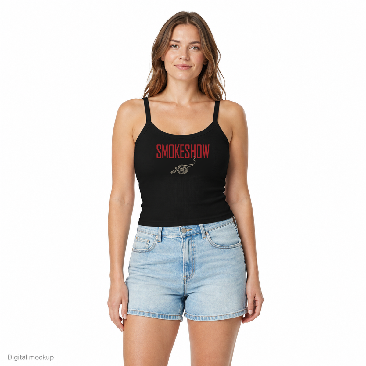Smokeshow Women's Tank — Solid Black Blend — front model view with exact corrected front artwork; digital composite checked against the supplier preview. Tank only; other clothing is styling and is not included.