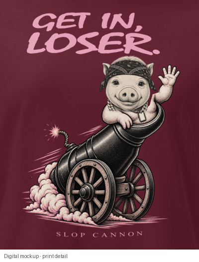 Get In, Loser. Women's Tee — Maroon — print-detail crop of exact corrected supplier preview; digital mockup. Actual print colors may vary slightly.