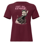 Get In, Loser. Women's Tee — Maroon — full front with exact corrected configured artwork; supplier digital mockup.