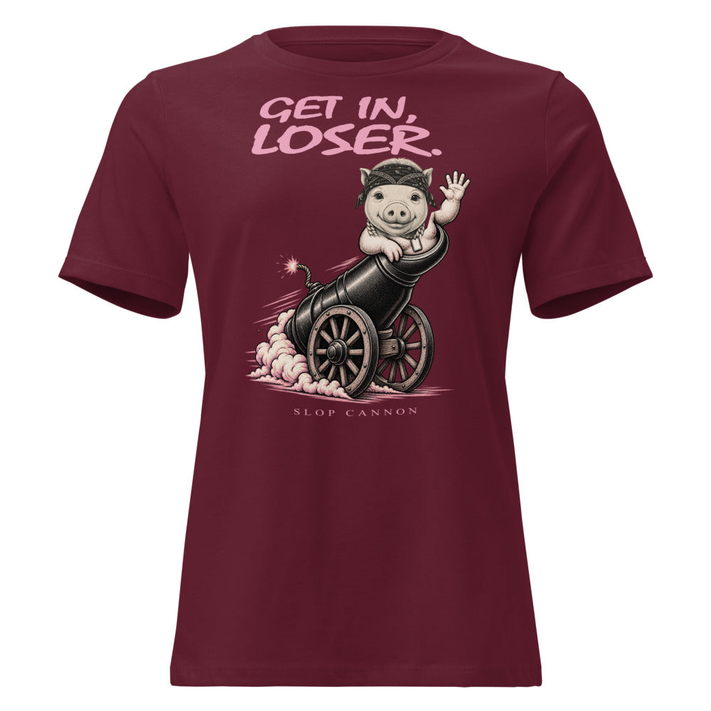 Get In, Loser. Women's Tee — Maroon — full front with exact corrected configured artwork; supplier digital mockup.