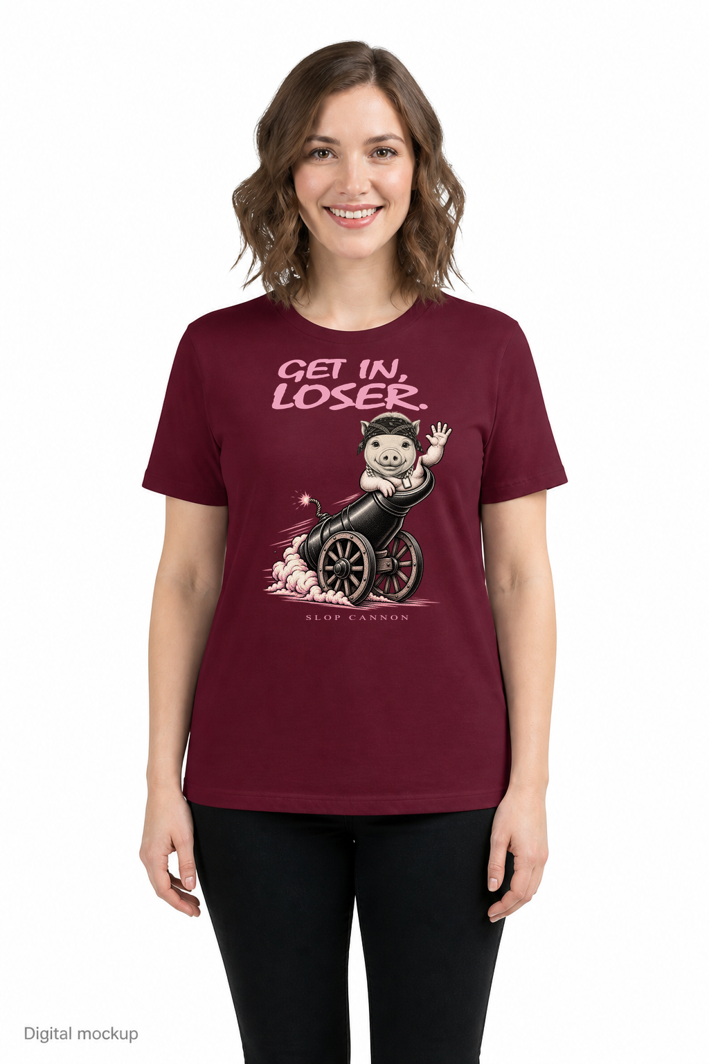 Get In, Loser. Women's Tee — Maroon — front model view with exact corrected front artwork; digital composite checked against the supplier preview. Tee only; other clothing is styling and is not included.