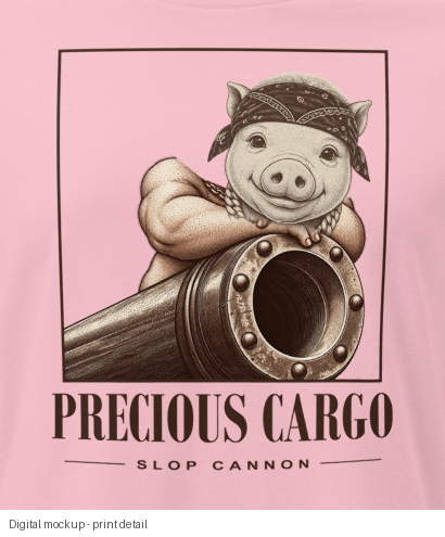 Precious Cargo Women's Tee — Pink — print-detail crop of exact corrected supplier preview; digital mockup. Actual print colors may vary slightly.