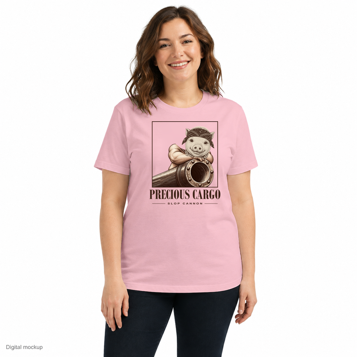 Precious Cargo Women's Tee — Pink — front model view with exact corrected front artwork; digital composite checked against the supplier preview. Tee only; other clothing is styling and is not included.