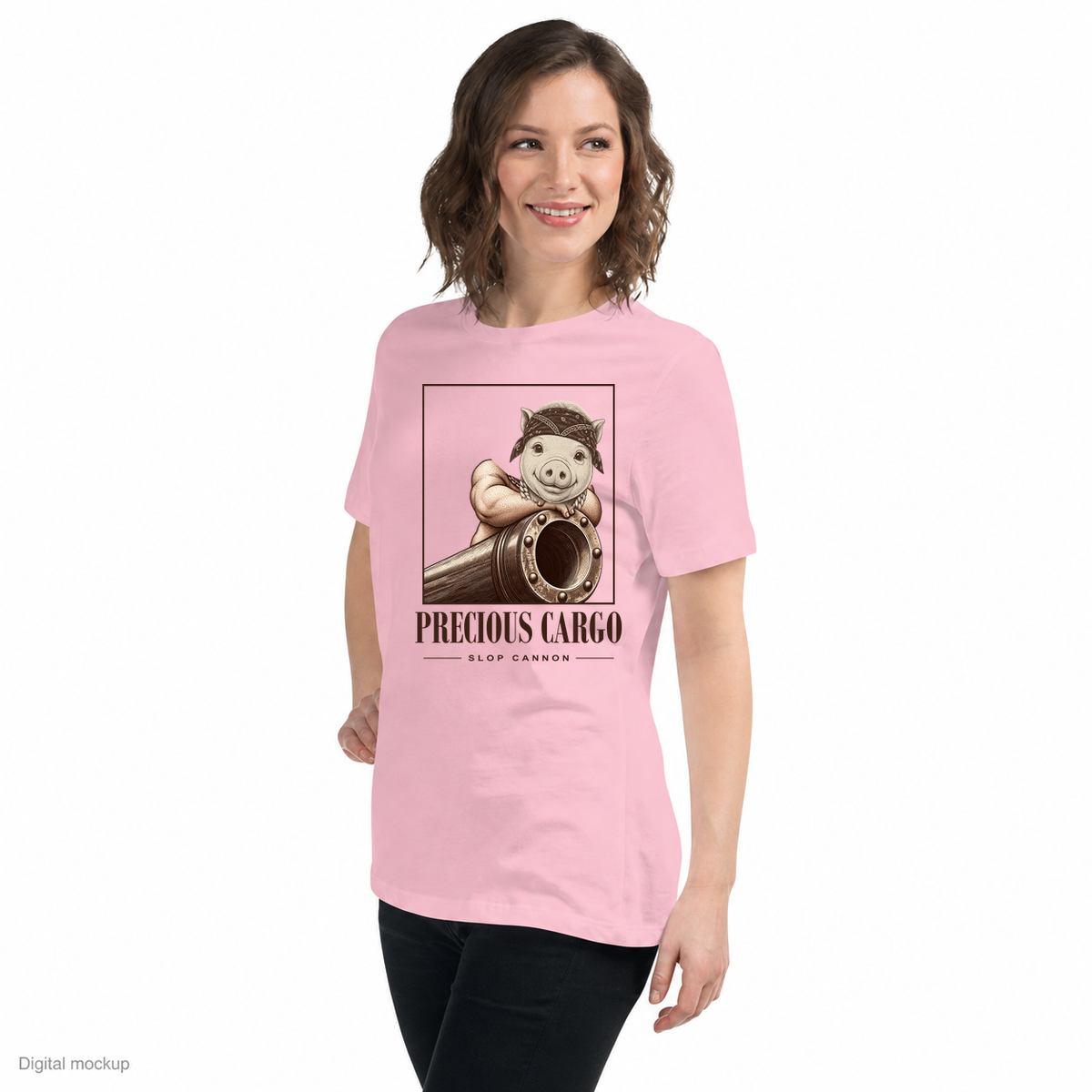 Precious Cargo Women's Tee — Pink — three-quarter model view with exact corrected front artwork; digital composite checked against the supplier preview. Tee only; other clothing is styling and is not included.