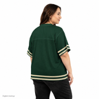 Slop Cannon Social Club — Forest / Cream — back model view showing printed hem stripes; jersey only; Printful boxy V-neck football jersey White base, printed Forest / Cream; Black stitching; digital model and artwork composite illustrating placement; not a manufactured sample photograph.