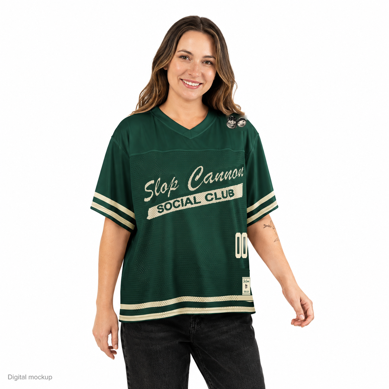 Slop Cannon Social Club — Forest / Cream — front model view; jersey only; Printful boxy V-neck football jersey White base, printed Forest / Cream; Black stitching; digital model and artwork composite illustrating placement; not a manufactured sample photograph.