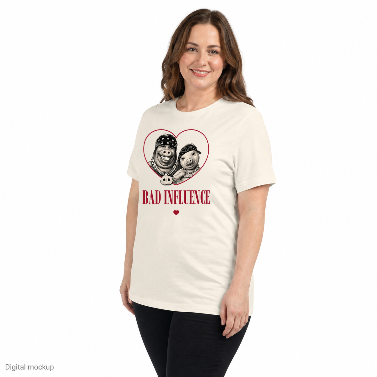 Bad Influence — Natural — three-quarter model view with plain sleeve; tee only; Bella + Canvas 6400 Natural; digital model and artwork composite illustrating placement; not a manufactured sample photograph.