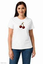 Slop Cannon Bite Me Women's Tee — White — front model view with exact configured artwork; digital composite checked against the supplier preview. Tee only; other clothing is styling and is not included.