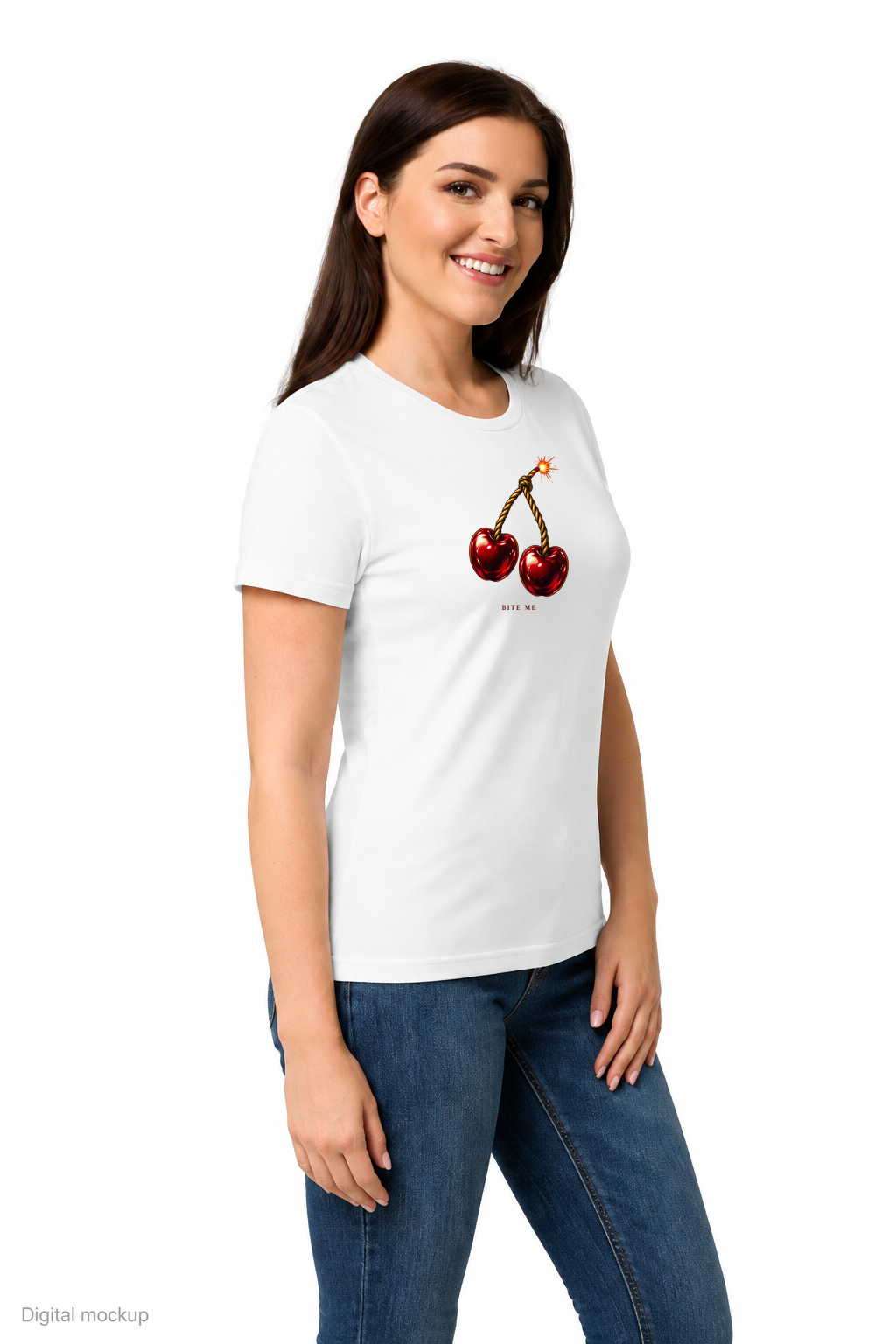 Slop Cannon Bite Me Women's Tee — White — three-quarter model view with exact configured artwork; digital composite checked against the supplier preview. Tee only; other clothing is styling and is not included.