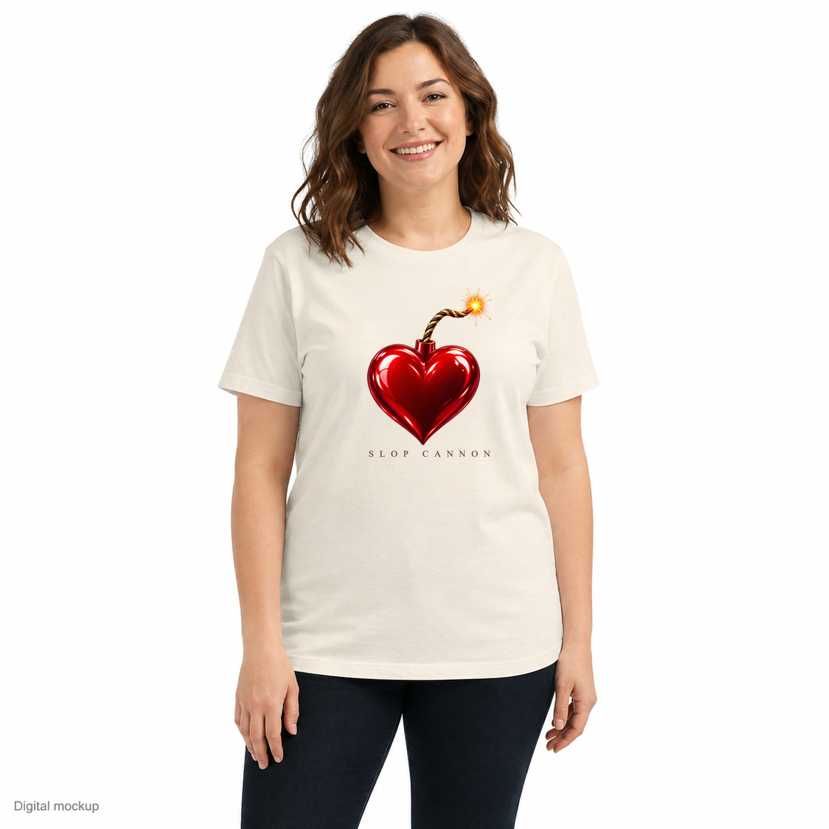 Slop Cannon Heart Fuse Women's Tee — Natural — front model view with exact configured artwork; digital composite checked against the supplier preview. Tee only; other clothing is styling and is not included.