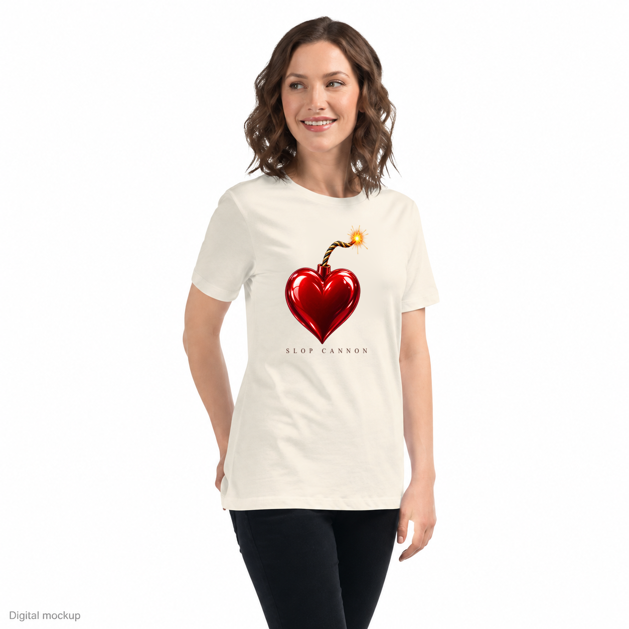 Slop Cannon Heart Fuse Women's Tee — Natural — three-quarter model view with exact configured artwork; digital composite checked against the supplier preview. Tee only; other clothing is styling and is not included.