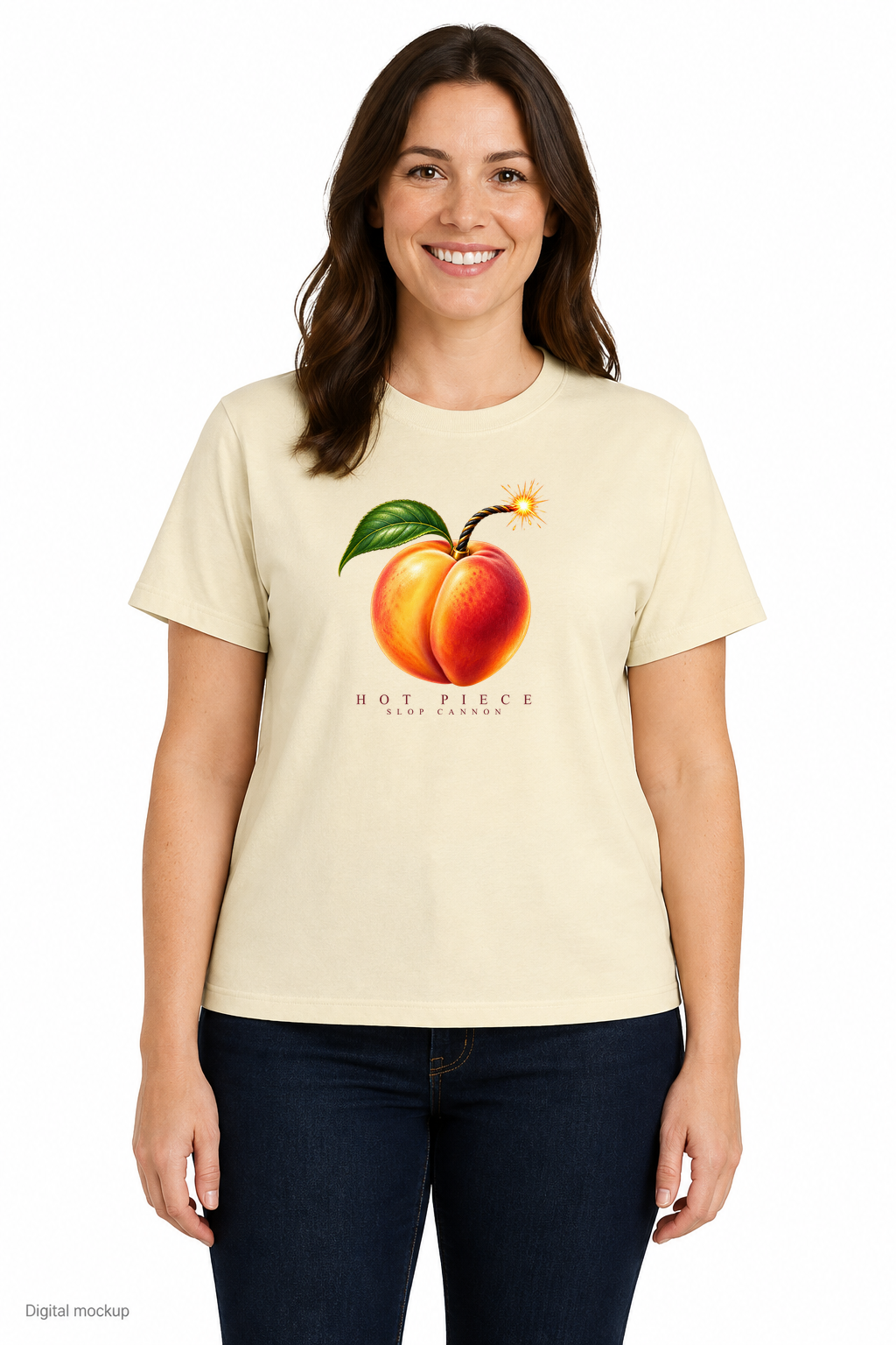 Slop Cannon Hot Piece Women's Tee — Buttermilk — front model view with exact configured front artwork; digital composite checked against supplier garment and print reference. Tee only; other clothing is styling and is not included.