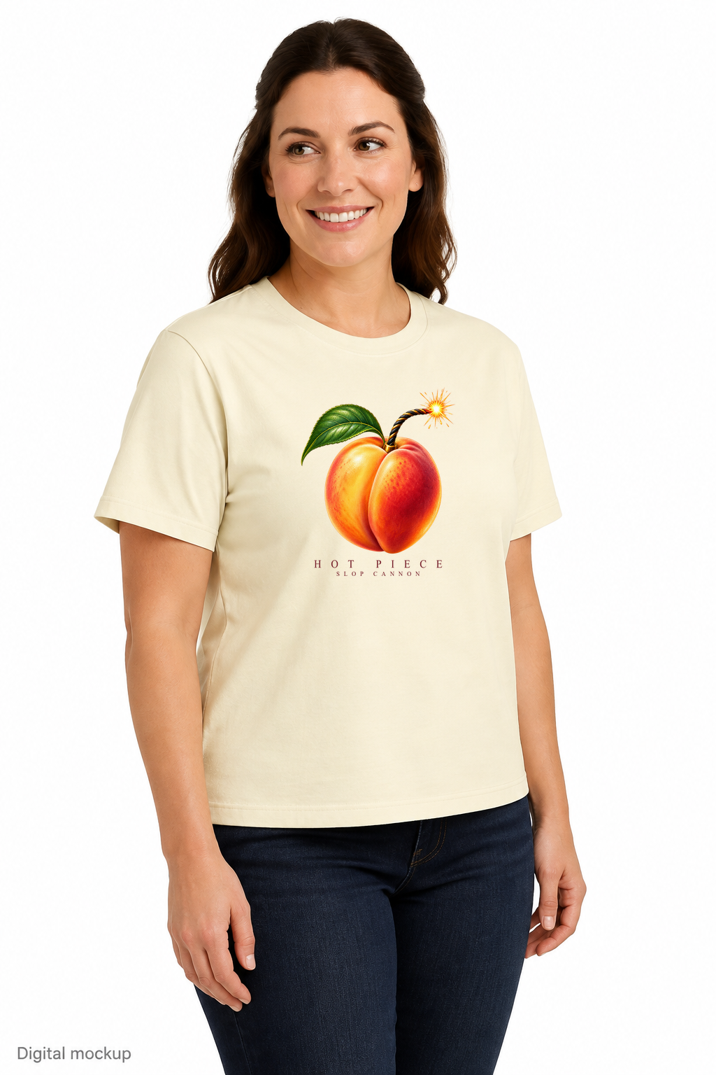 Slop Cannon Hot Piece Women's Tee — Buttermilk — three-quarter model view with exact configured front artwork; digital composite checked against supplier garment and print reference. Tee only; other clothing is styling and is not included.