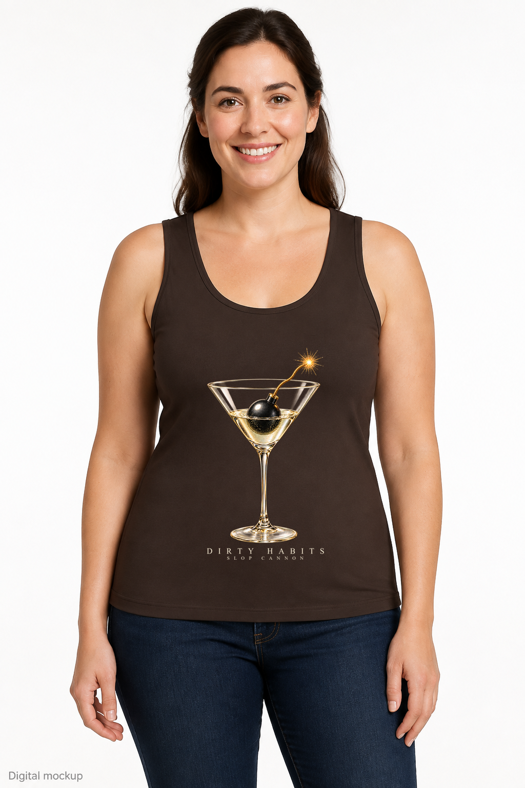 Slop Cannon Dirty Habits Women's Tank — Espresso — front model view with exact configured front artwork; digital composite checked against supplier garment and print reference. Tank top only; other clothing is styling and is not included.