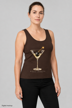 Slop Cannon Dirty Habits Women's Tank — Espresso — three-quarter model view with exact configured front artwork; digital composite checked against supplier garment and print reference. Tank top only; other clothing is styling and is not included.