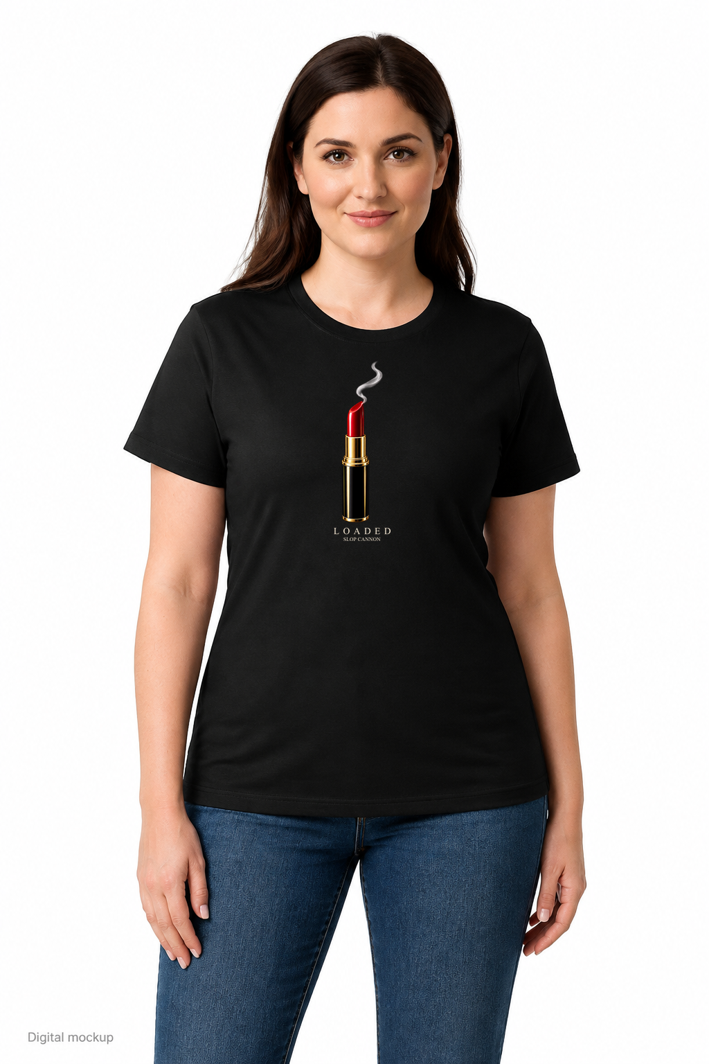 Slop Cannon Loaded Women's Tee — Black — front model view with exact configured artwork; digital composite checked against the supplier preview. Tee only; other clothing is styling and is not included.
