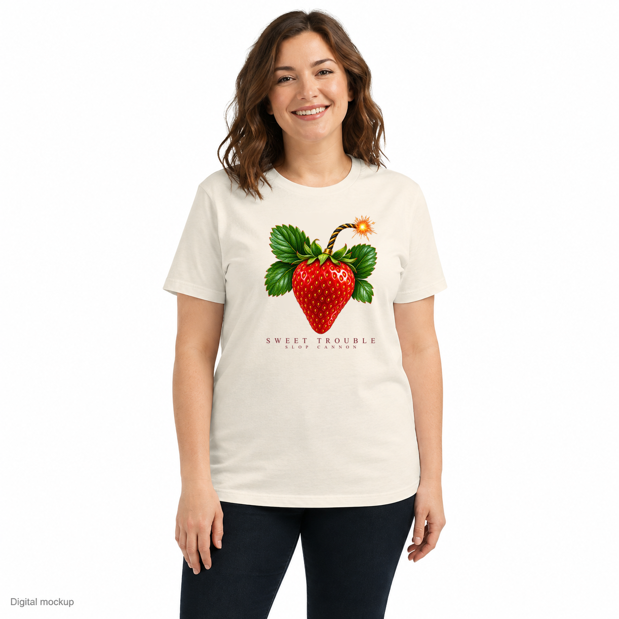 Slop Cannon Sweet Trouble Women's Tee — Natural — front model view with exact configured artwork; digital composite checked against the supplier preview. Tee only; other clothing is styling and is not included.