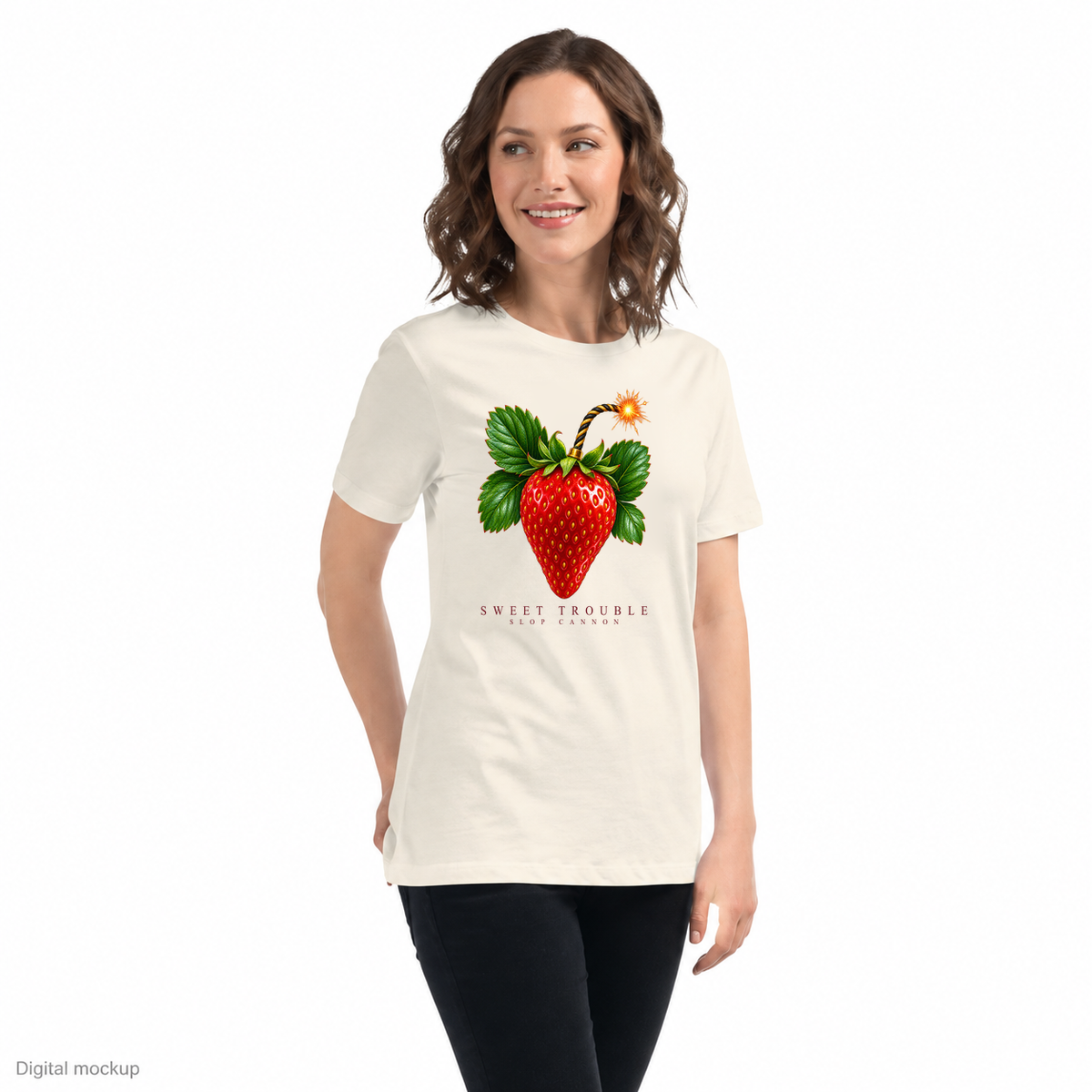 Slop Cannon Sweet Trouble Women's Tee — Natural — three-quarter model view with exact configured artwork; digital composite checked against the supplier preview. Tee only; other clothing is styling and is not included.