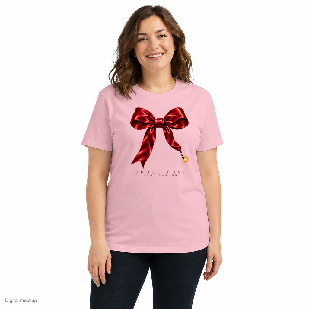 Slop Cannon Short Fuse Women's Tee — Pink — front model view with exact configured artwork; digital composite checked against the supplier preview. Tee only; other clothing is styling and is not included.