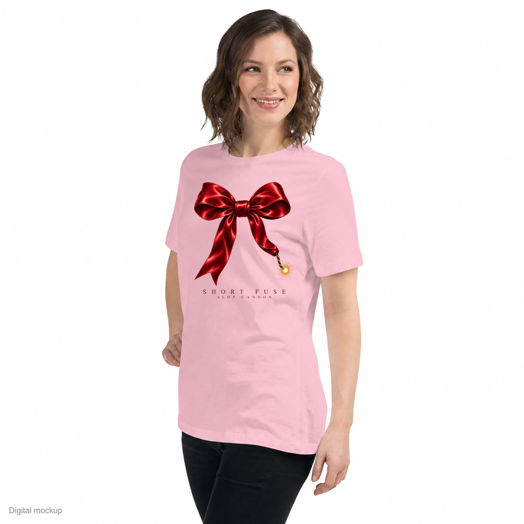Slop Cannon Short Fuse Women's Tee — Pink — three-quarter model view with exact configured artwork; digital composite checked against the supplier preview. Tee only; other clothing is styling and is not included.