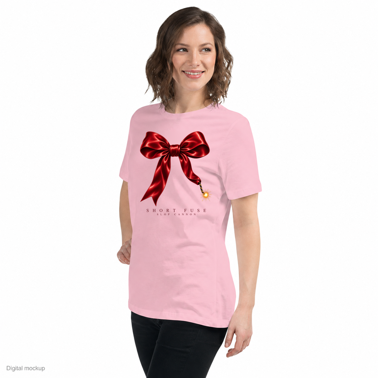 Slop Cannon Short Fuse Women's Tee — Pink — three-quarter model view with exact configured artwork; digital composite checked against the supplier preview. Tee only; other clothing is styling and is not included.