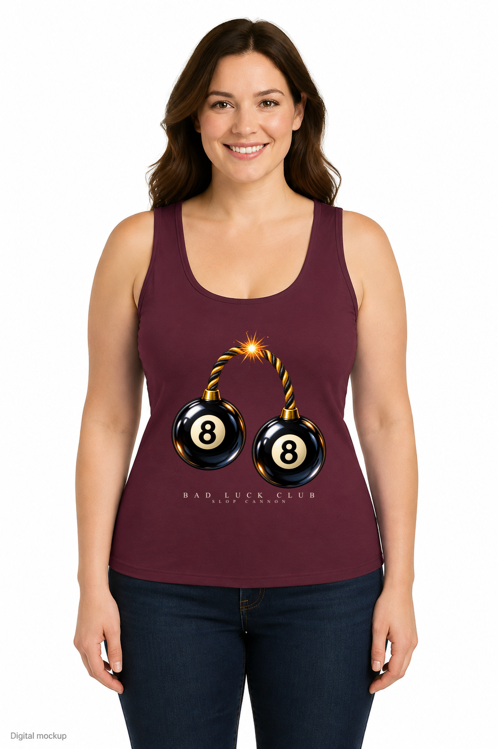 Slop Cannon Bad Luck Club Women's Tank — Burgundy — front model view with exact configured front artwork; digital composite checked against supplier garment and print reference. Tank top only; other clothing is styling and is not included.