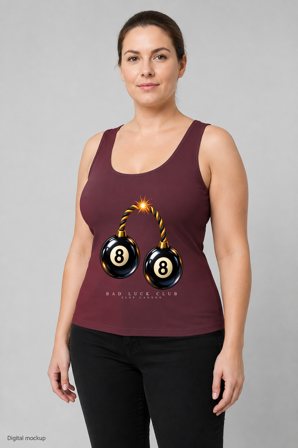 Slop Cannon Bad Luck Club Women's Tank — Burgundy — three-quarter model view with exact configured front artwork; digital composite checked against supplier garment and print reference. Tank top only; other clothing is styling and is not included.