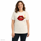Slop Cannon Play With Fire Women's Tee — Natural — front model view with exact configured artwork; digital composite checked against the supplier preview. Tee only; other clothing is styling and is not included.