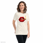 Slop Cannon Play With Fire Women's Tee — Natural — three-quarter model view with exact configured artwork; digital composite checked against the supplier preview. Tee only; other clothing is styling and is not included.