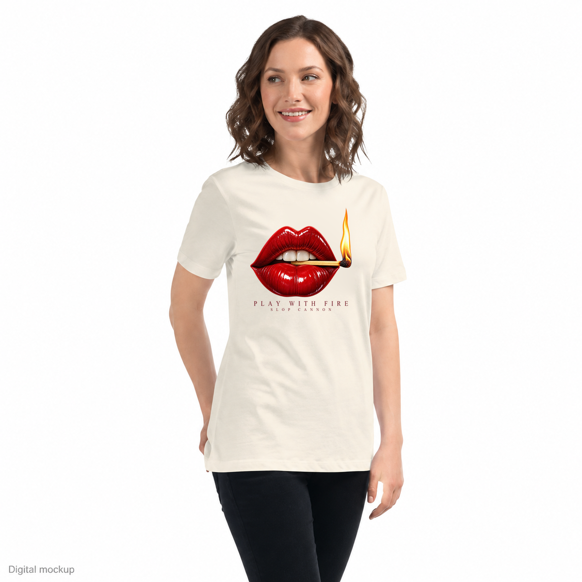 Slop Cannon Play With Fire Women's Tee — Natural — three-quarter model view with exact configured artwork; digital composite checked against the supplier preview. Tee only; other clothing is styling and is not included.