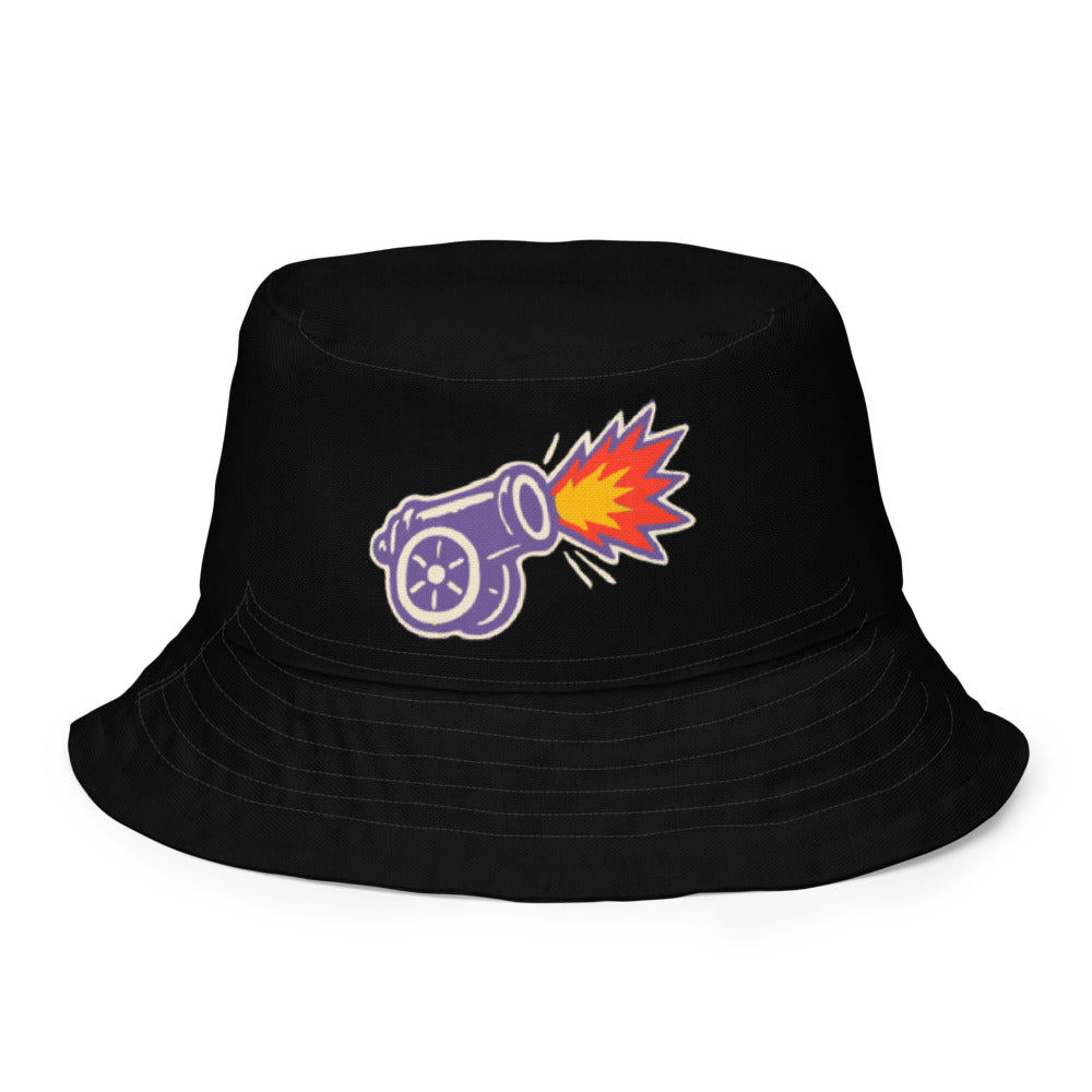 Slop Cannon Reversible Bucket Hat — C11 Firing Cannon - Black / Purple — Outside front with the approved printed design; exact polyester supplier bucket hat, digital mockup, one hat only. Actual print colors may vary slightly.