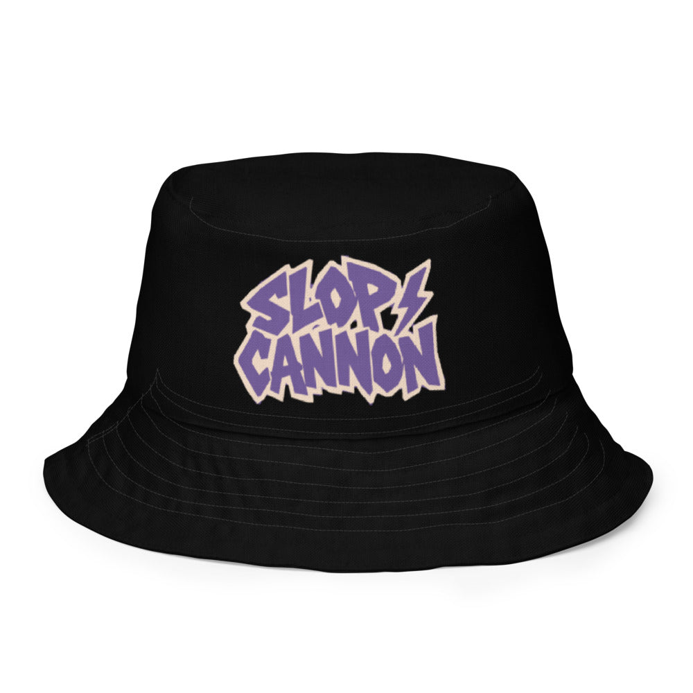 Slop Cannon Reversible Bucket Hat — C12 Graffiti - Black / Purple — Outside front with the approved printed design; exact polyester supplier bucket hat, digital mockup, one hat only. Actual print colors may vary slightly.