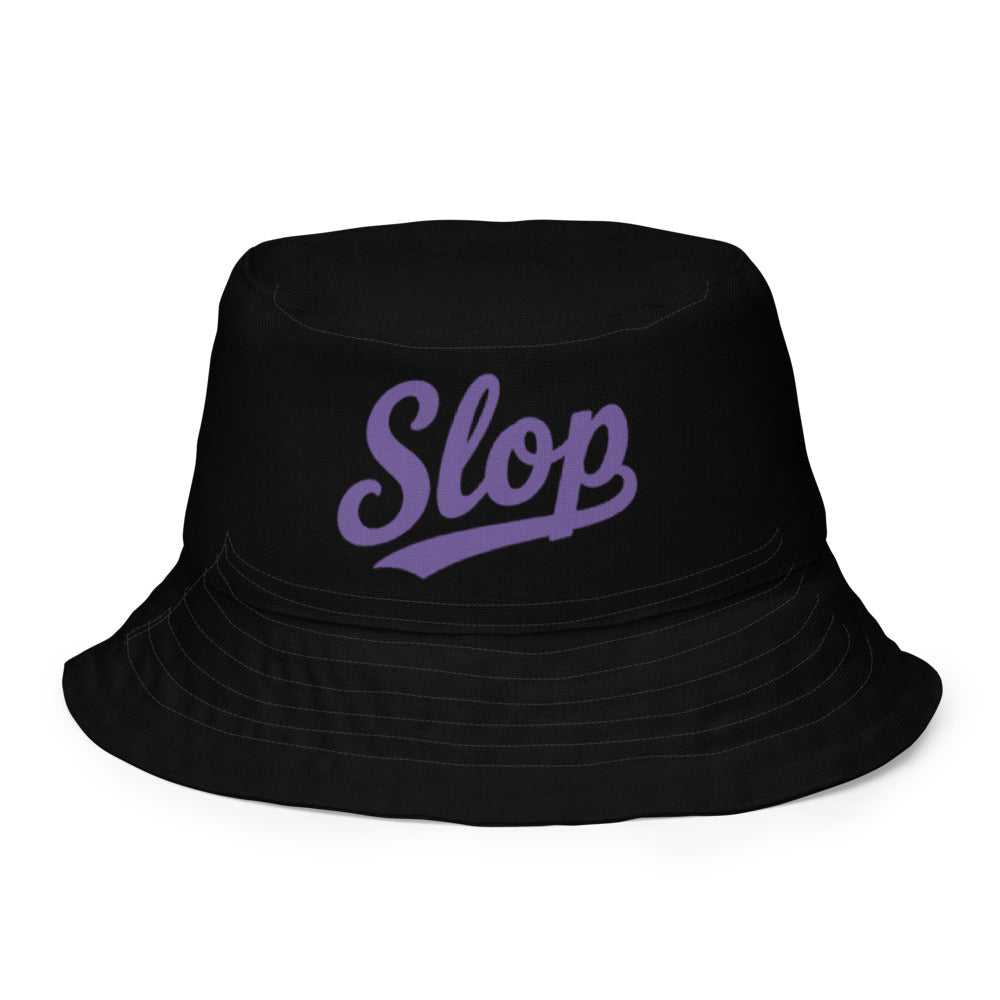 Slop Cannon Reversible Bucket Hat — S10 Slop Script - Black / Purple — Outside front with the approved printed design; exact polyester supplier bucket hat, digital mockup, one hat only. Actual print colors may vary slightly.