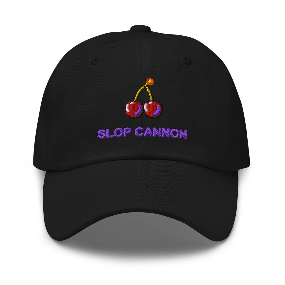 Slop Cannon Cherry Fuse Dad Cap — Black / Purple — Front view of the exact configured supplier hat; digital embroidery preview, one hat only. Final stitching may vary after digitization.