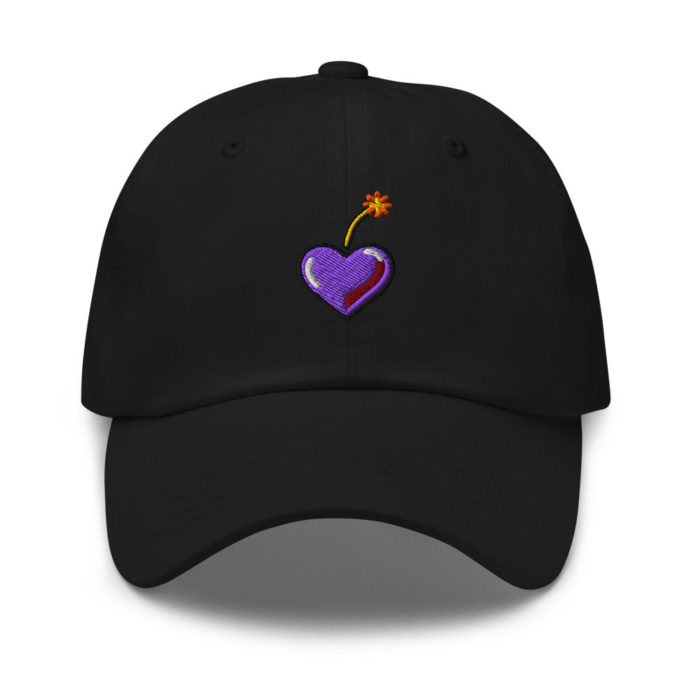 Slop Cannon Heart Fuse Dad Cap — Black / Purple — Front view of the exact configured supplier hat; digital embroidery preview, one hat only. Final stitching may vary after digitization.