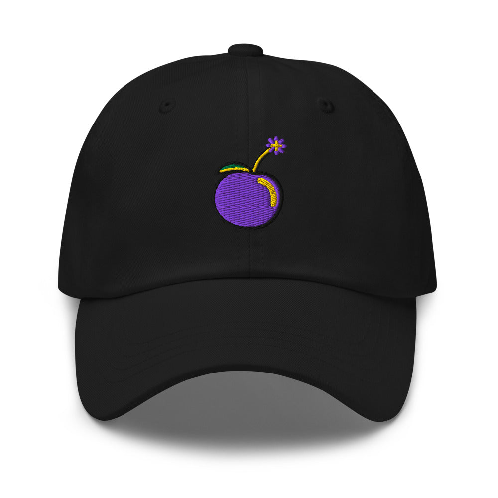 Slop Cannon Hot Piece Dad Cap — Black / Purple — Front view of the exact configured supplier hat; digital embroidery preview, one hat only. Final stitching may vary after digitization.