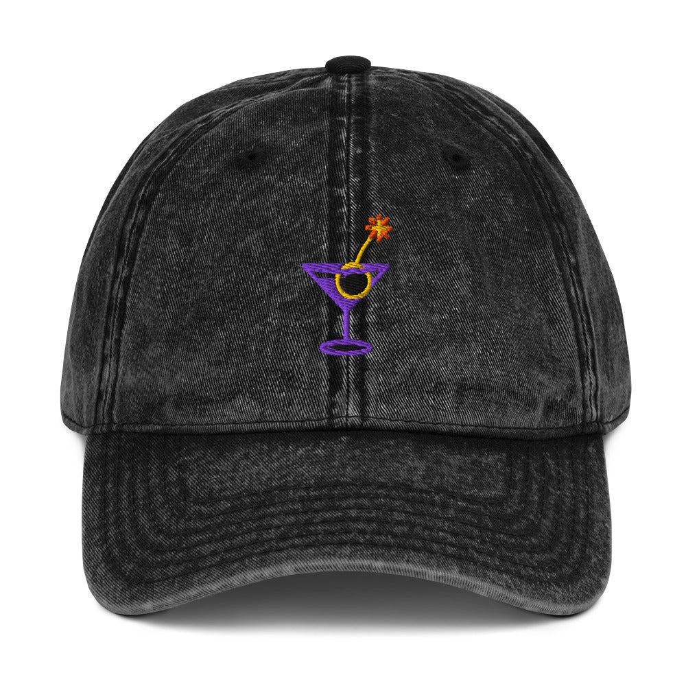 Slop Cannon Dirty Habits Dad Cap — Black / Purple — Front view of the exact configured supplier hat; digital embroidery preview, one hat only. Final stitching may vary after digitization.