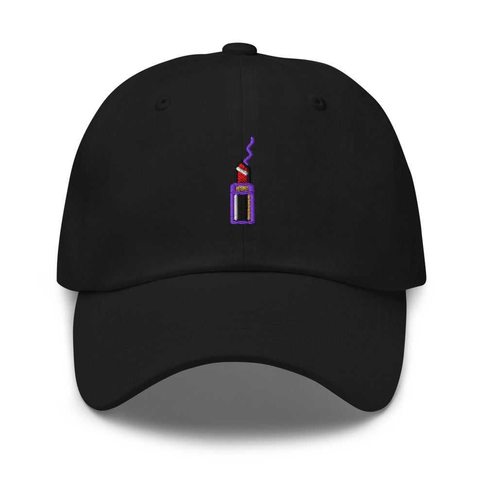 Slop Cannon Loaded Dad Cap — Black / Purple — Front view of the exact configured supplier hat; digital embroidery preview, one hat only. Final stitching may vary after digitization.