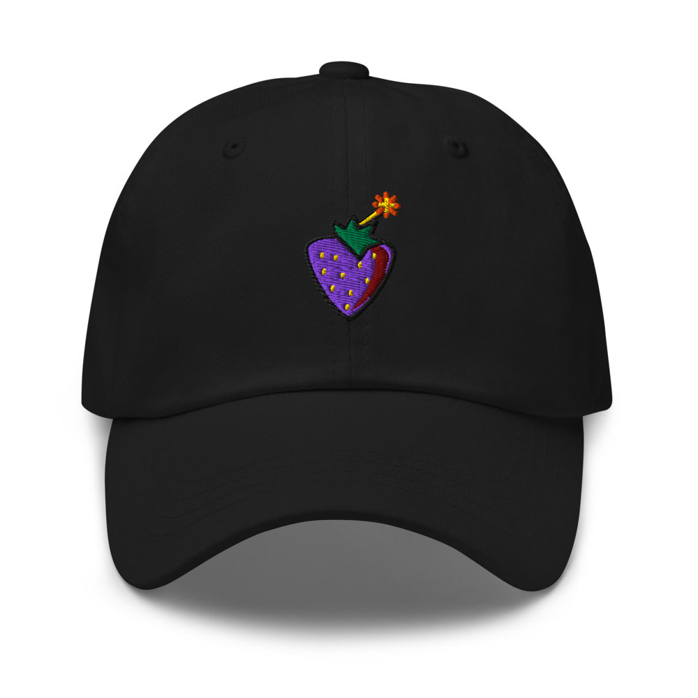 Slop Cannon Sweet Trouble Dad Cap — Black / Purple — Front view of the exact configured supplier hat; digital embroidery preview, one hat only. Final stitching may vary after digitization.