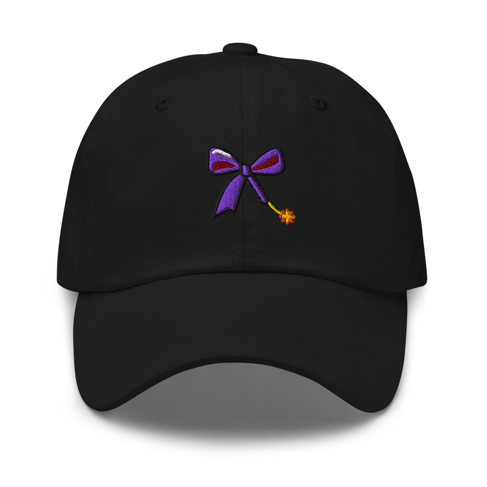 Slop Cannon Short Fuse Dad Cap — Black / Purple — Front view of the exact configured supplier hat; digital embroidery preview, one hat only. Final stitching may vary after digitization.