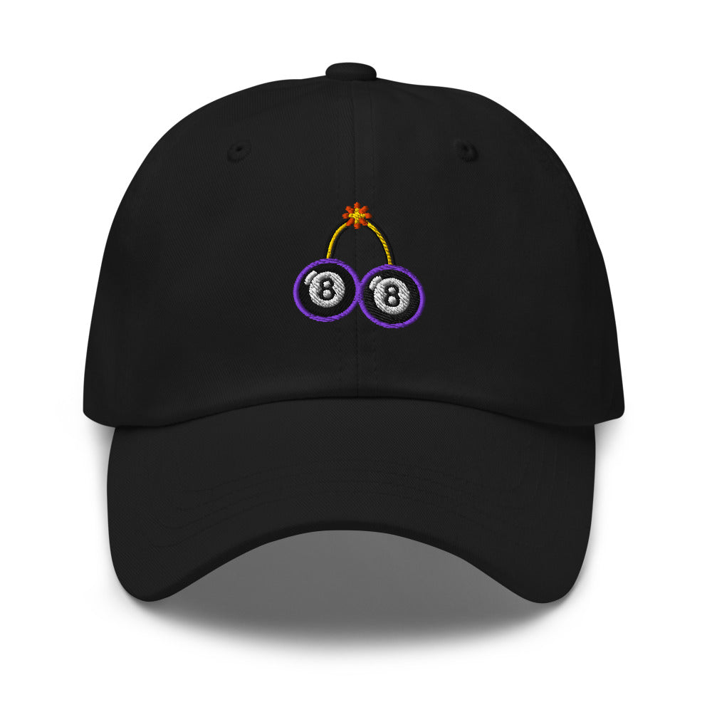 Slop Cannon Bad Luck Club Dad Cap — Black / Purple — Front view of the exact configured supplier hat; digital embroidery preview, one hat only. Final stitching may vary after digitization.